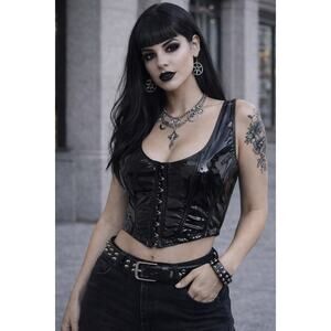 Fashion Nova Black Vinyl Corset Crop Top Bustier L Hook Front Whimsygoth Pinup